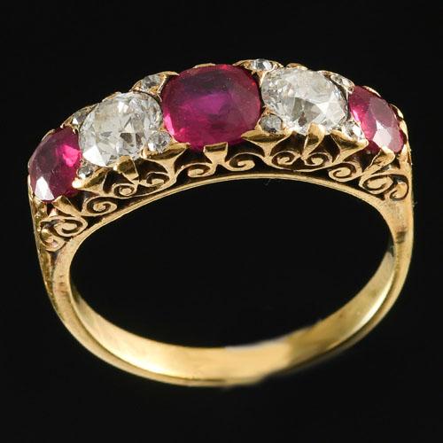 Victorian five stone Burmese ruby and diamond ring