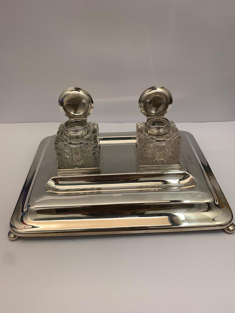 A Double Glass Ink Stand on Silver Base by Mappin and Webb, 1917
