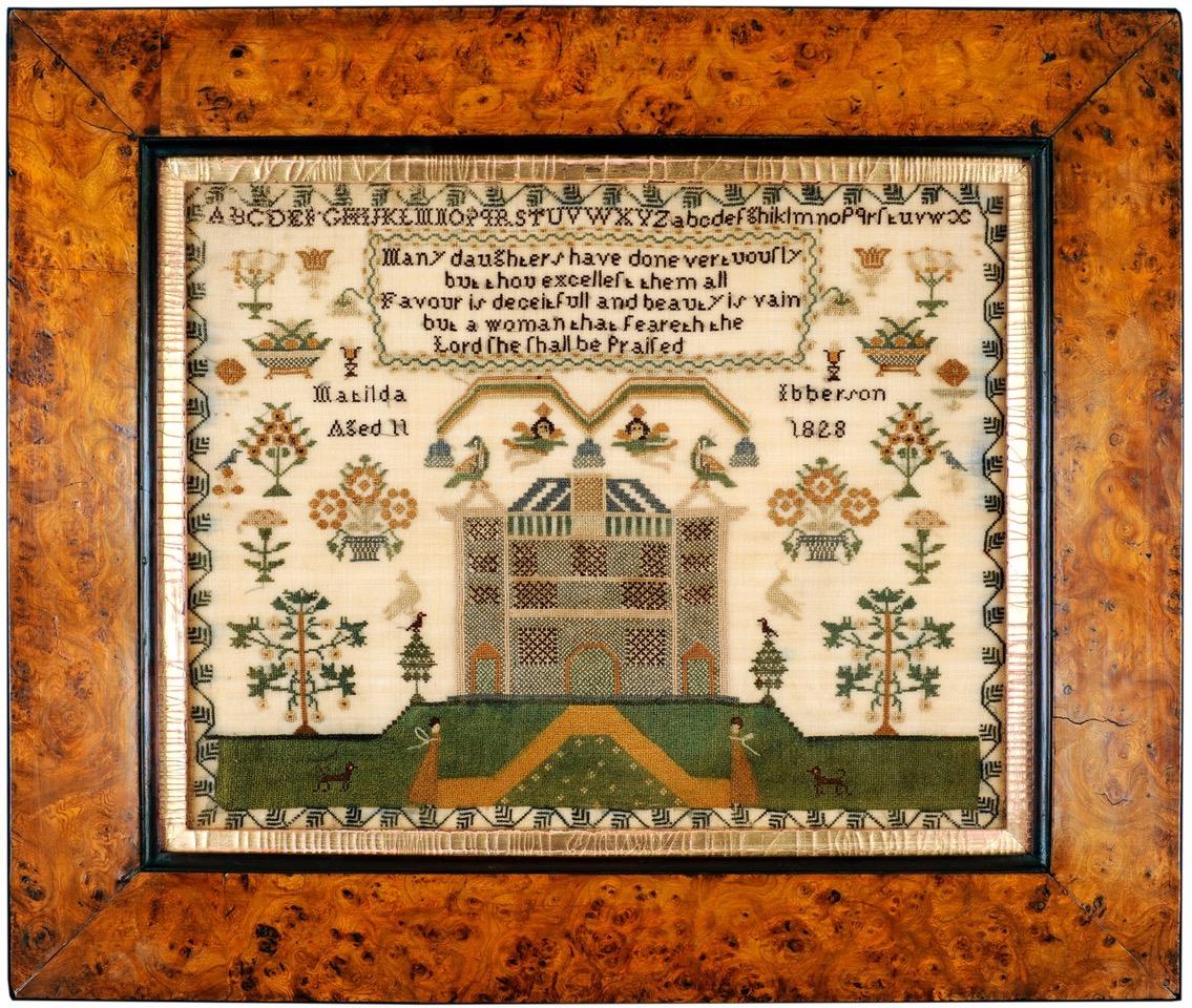 neatly stitched sampler worked by Matilda Ibberson in 1828