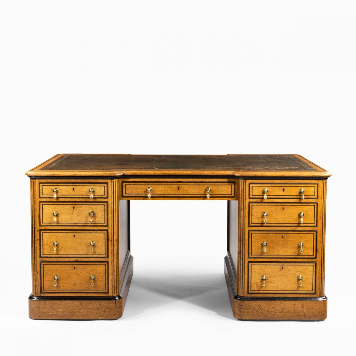 Victorian oak and ebony partner’s desk, attributed to Holland and Son (England, 1880)