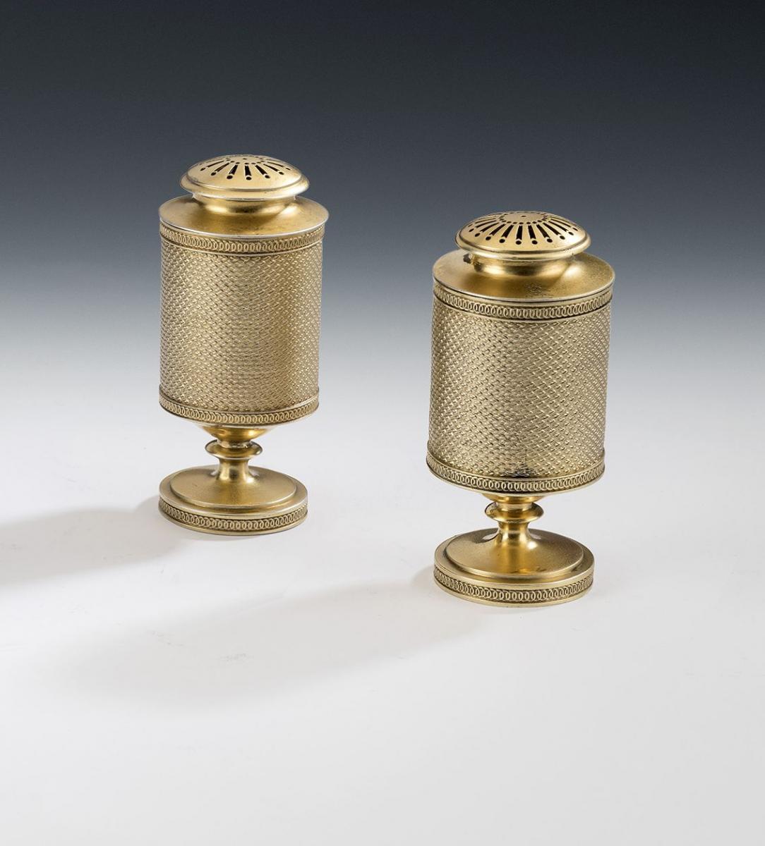 An Extremely Rare Pair of George III Silver Gilt Pepper Casters made in London in 1805 by John Emes