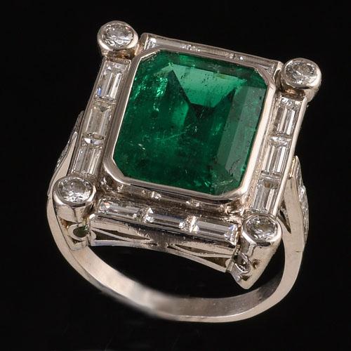 Platinum Set Art Deco Emerald and Diamond Ring