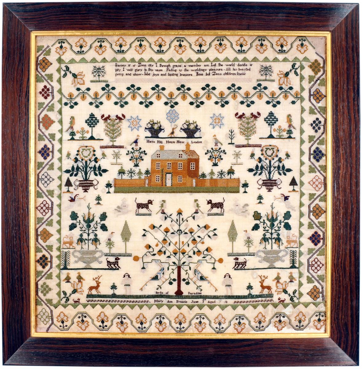 Immaculately worked sampler depicting Horse Hill House near London