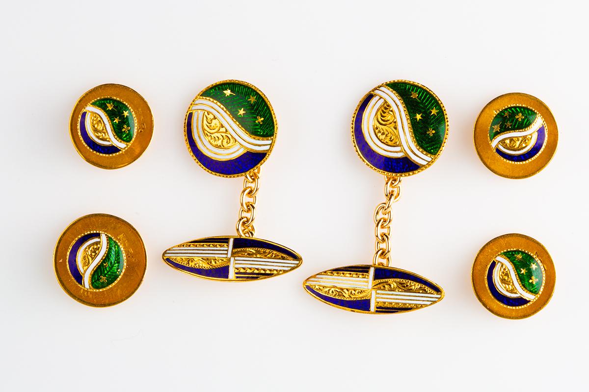 Antique Dress Set of Cufflinks & Studs in 14 Carat Gold and Coloured Enamel, *English circa 1910