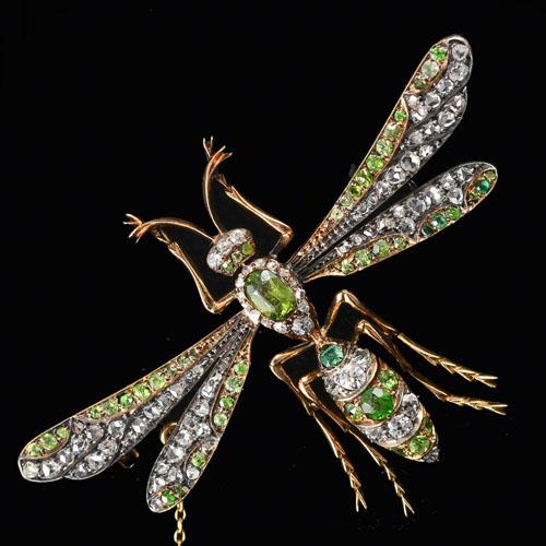 Victorian green garnet diamond insect brooch