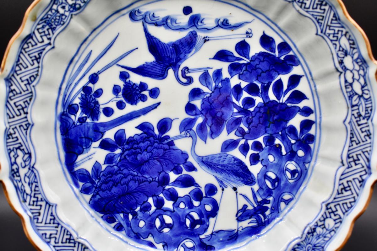 Tianqi Period Blue and White Crane Foliate Dish