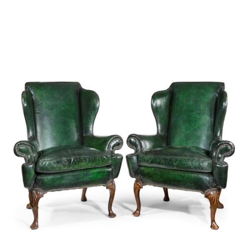Queen Anne style walnut wing arm chairs