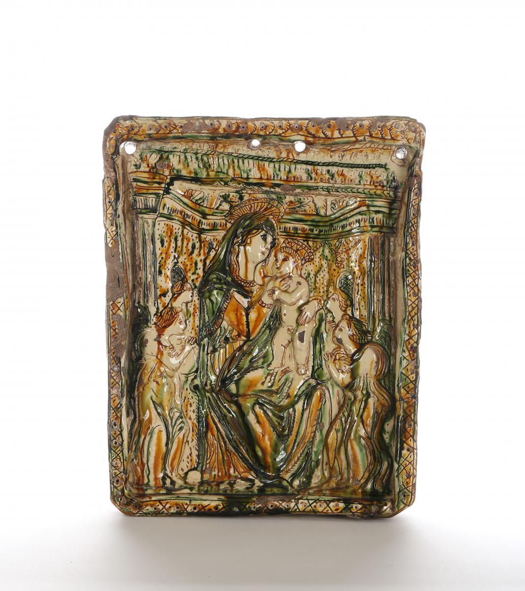 An Incised Slipware Plaque of the Madonna and Child