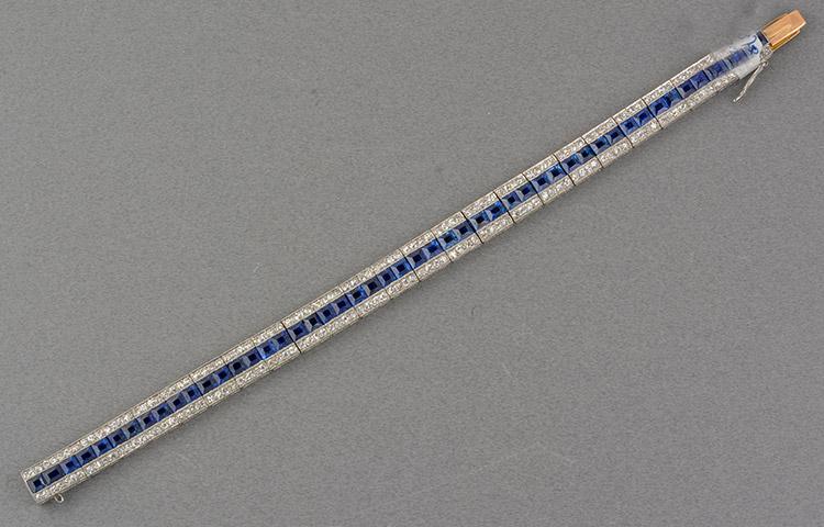 Platinum Art Deco natural sapphire and Diamond three row bracelet