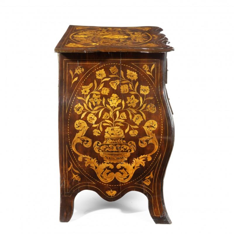 Period Dutch Mahogany Four-Drawer Bombe Marquetry Commode 1800