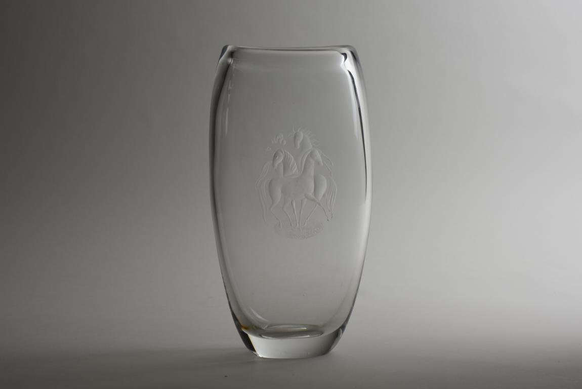 Vikke Lindstrand Kosta Boda glass vase engraved with 3 horses