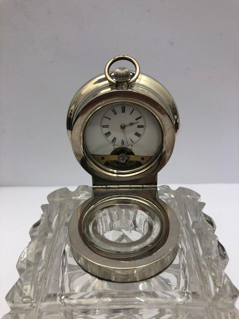 19th Century Glass and Silver Inkwell with a Clock in the Silver Lid