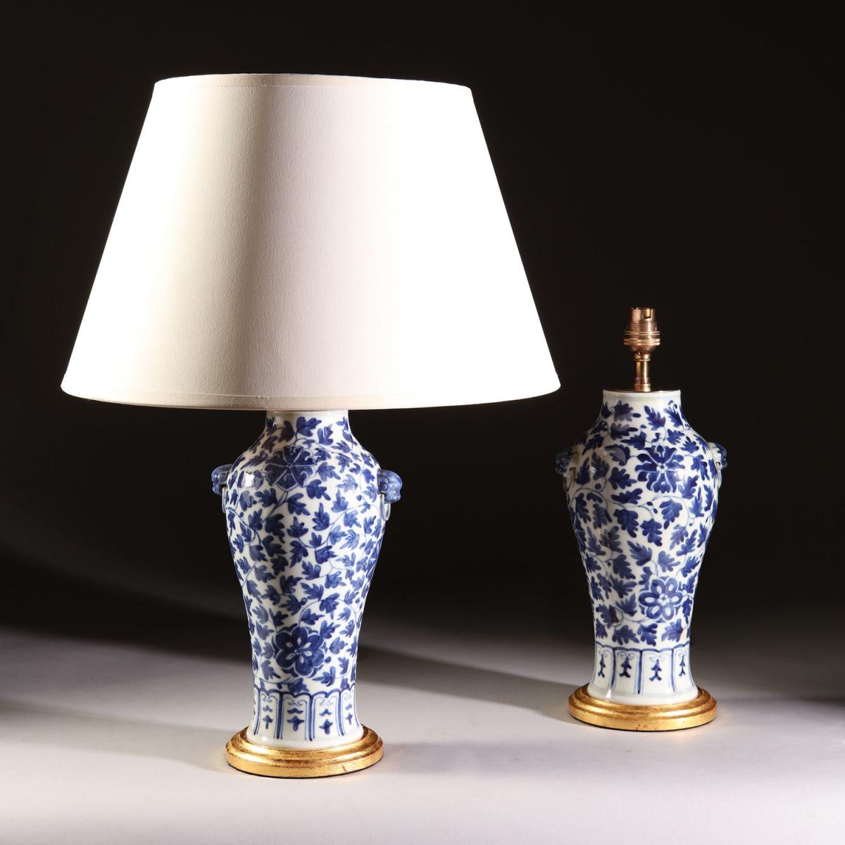 A Pair of Late 19th Century Blue and White Chinese Lamps