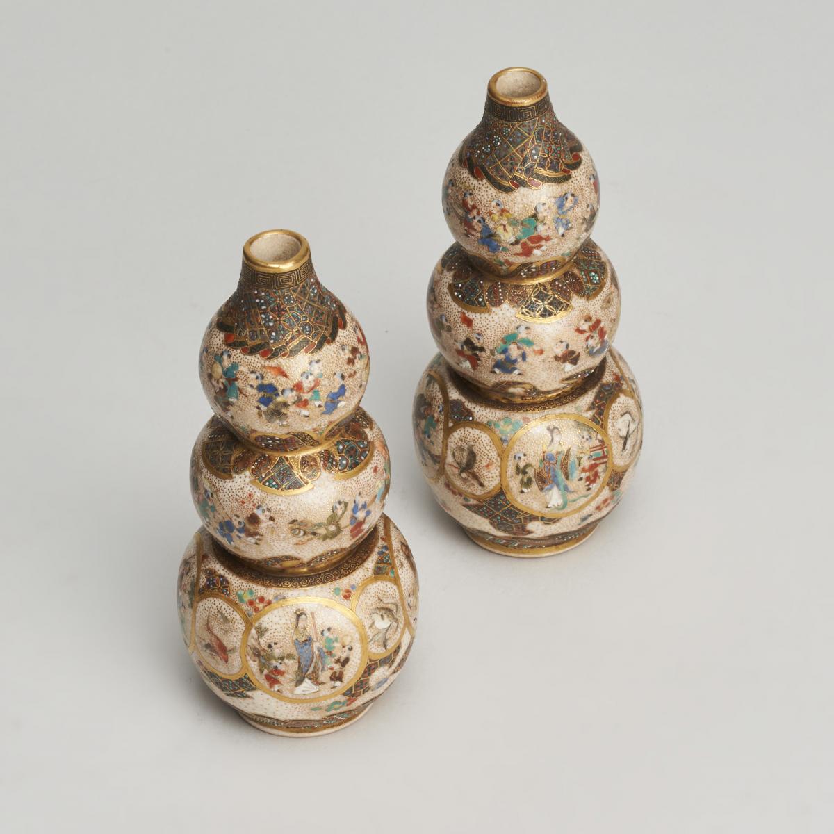 Japanese miniature triple gourd shaped Satsuma vases