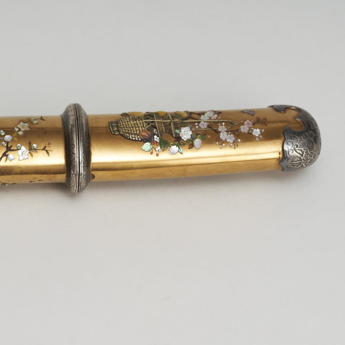 A Japanese Tanto with a gold lacquer sheath and handle inlaid with Shibiyama style decoration.