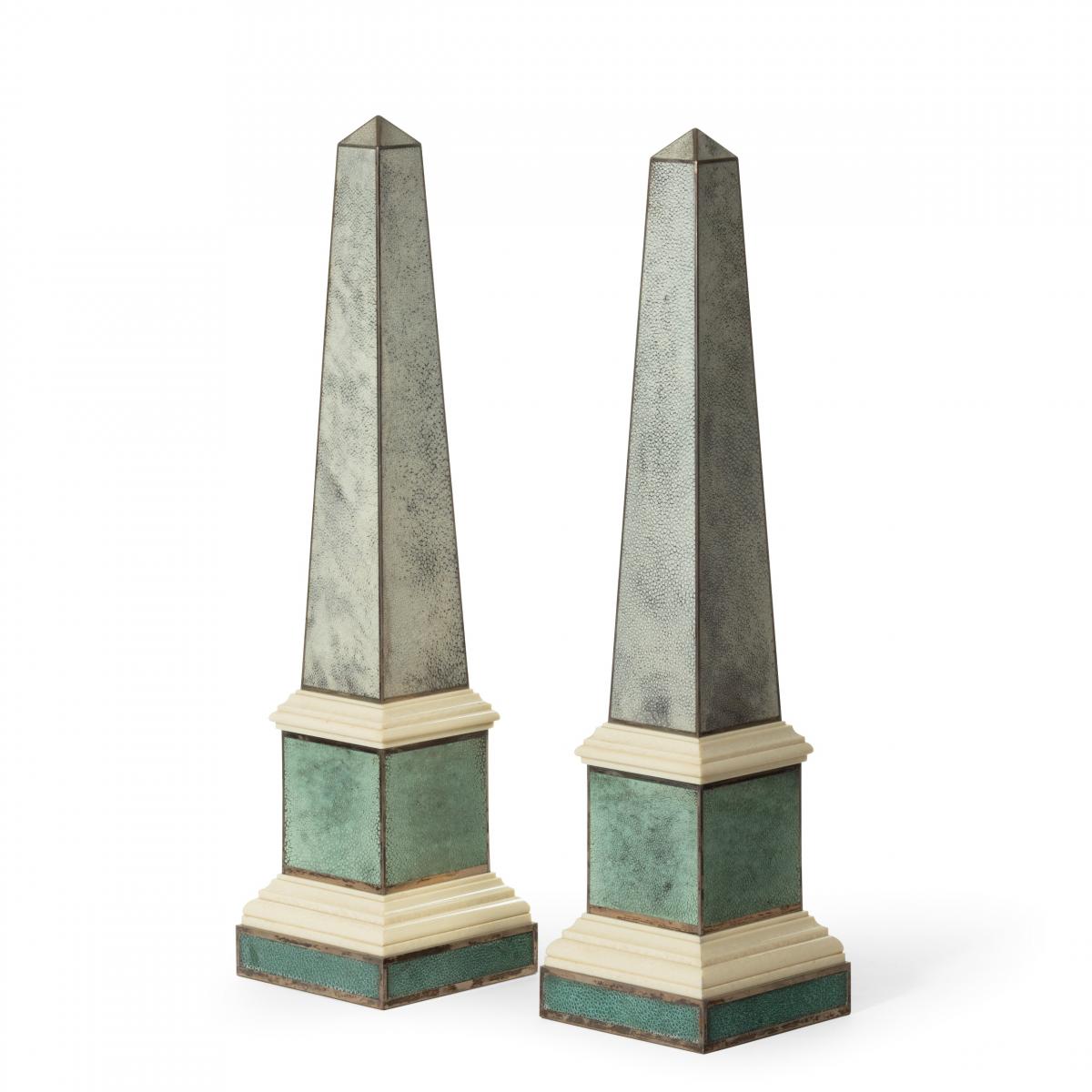 A pair of contemporary grey and aquamarine shagreen and obelisks