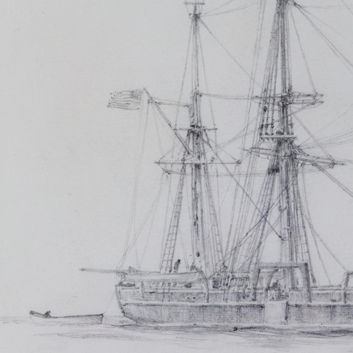 An unusual pencil drawing of “Canton“ a three masted whaling ship by Harold Wylie