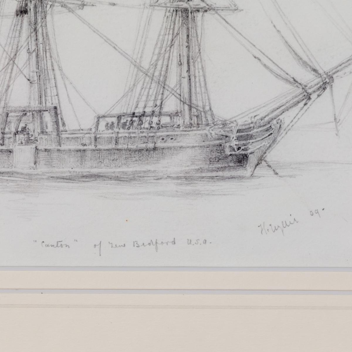 An unusual pencil drawing of “Canton“ a three masted whaling ship by Harold Wylie