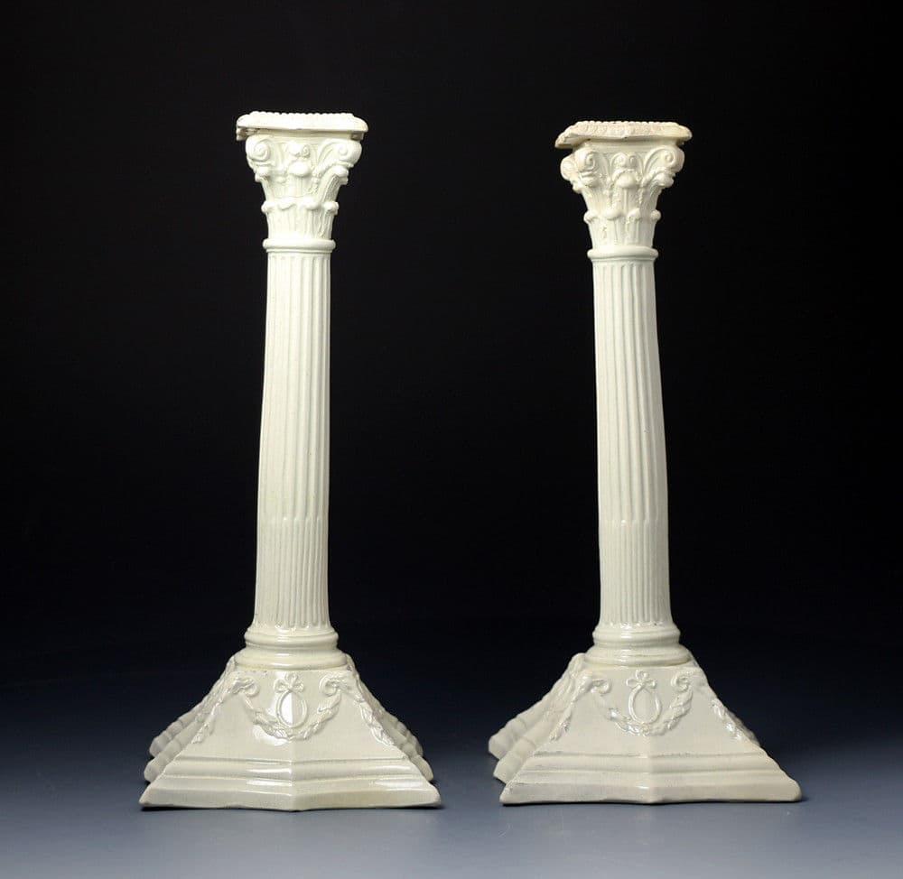 Antique English pottery classical form creamware candlesticks late 18th century