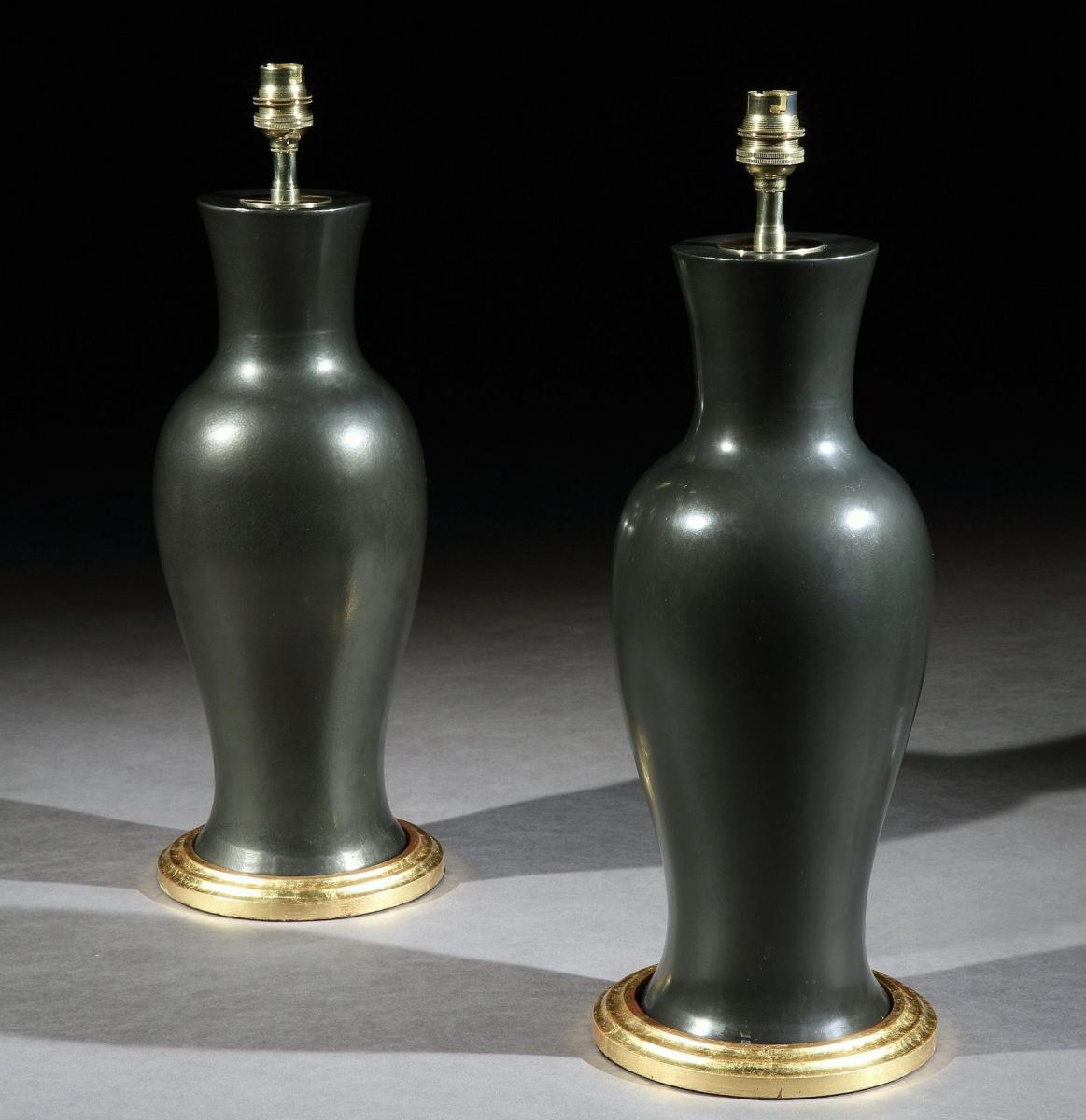 A Pair of Black Porcelain Baluster Lamps