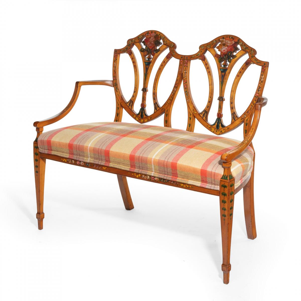 A late Victorian Sheraton revival painted satinwood two-seater settee