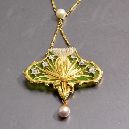 Art Nouveau plaque du jour enamel diamond and pearl pendant