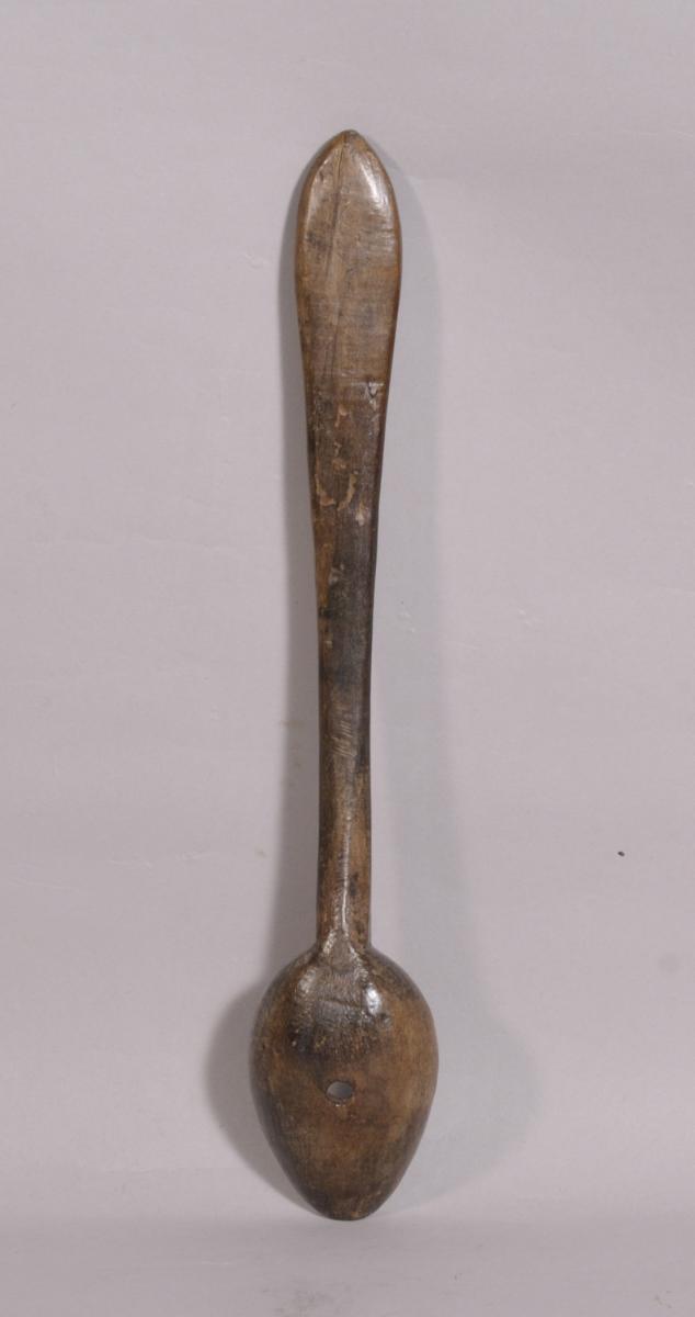 S/3807 Antique Treen 19th Century Fruitwood Straining Spoon