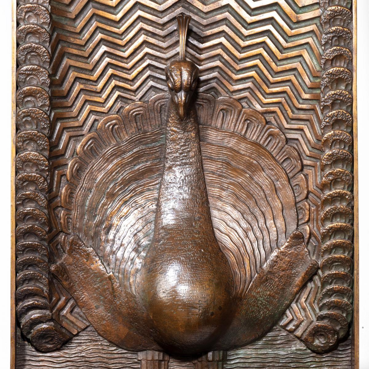 Art Deco bronze panel of a peacock signed J Passani