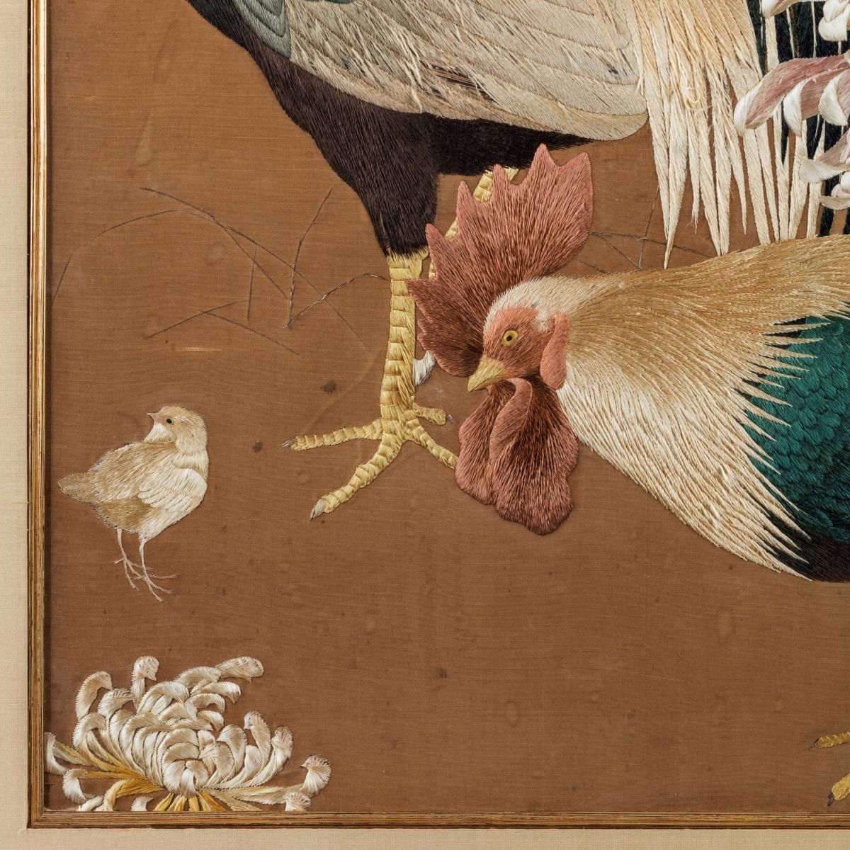 Meiji period needlework of two Cockerels