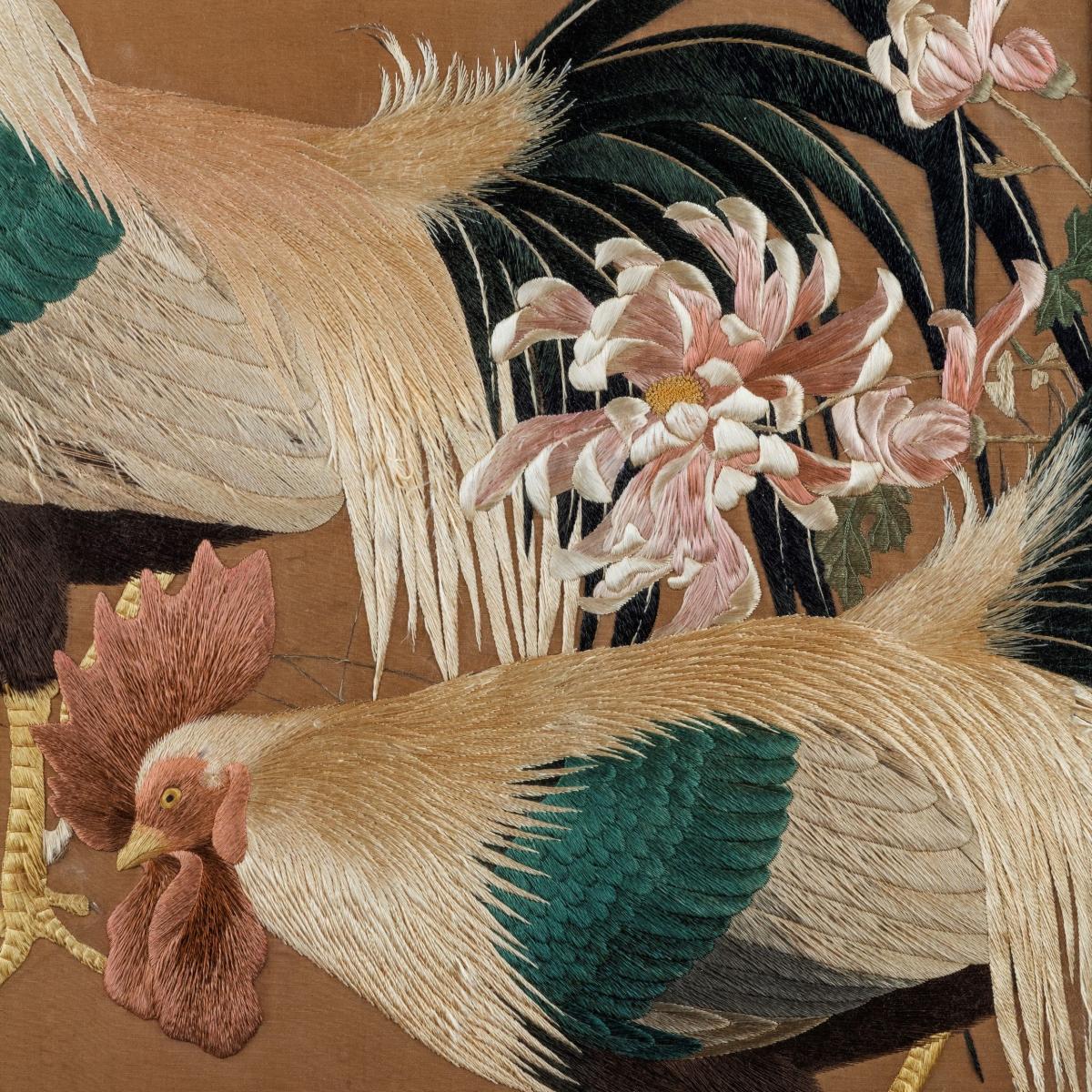Meiji period needlework of two Cockerels