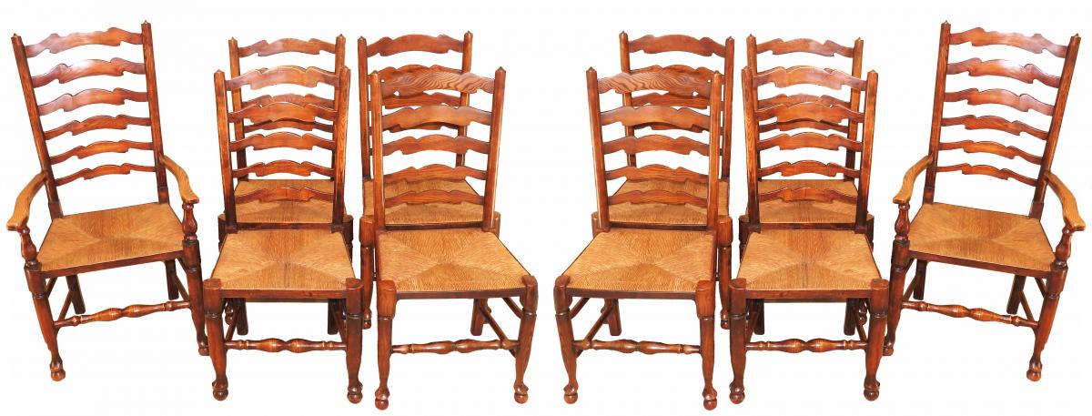 Set Of 10 English 19th Century Ash & Elm Ladder Back Dining Chairs
