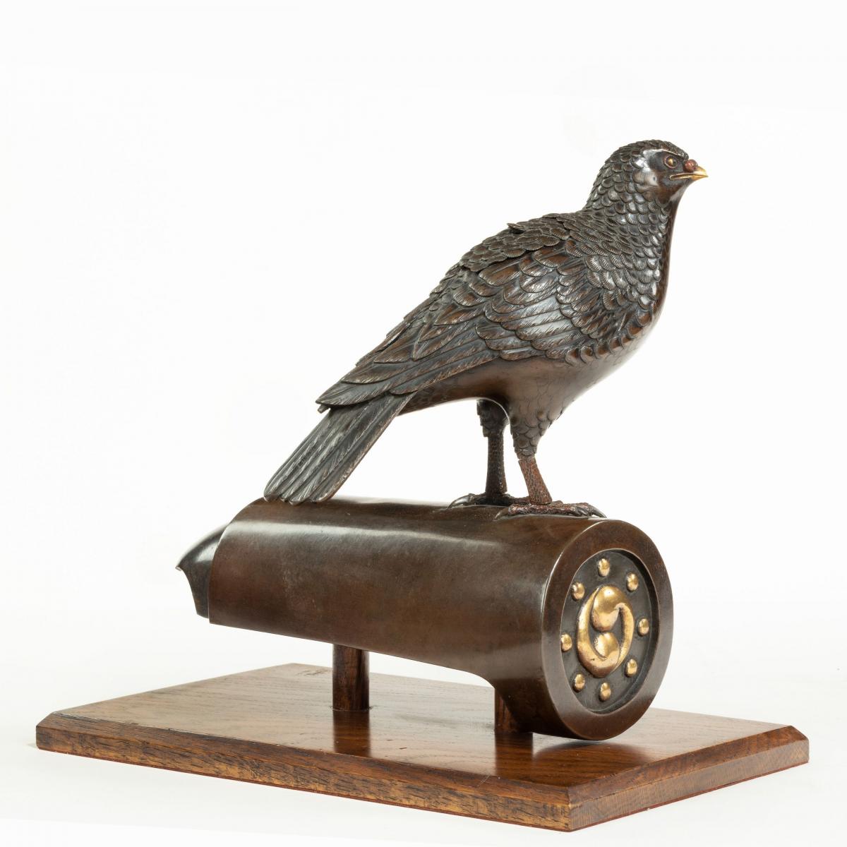 Meiji period bronze koro in the form of a dove on a roof tile