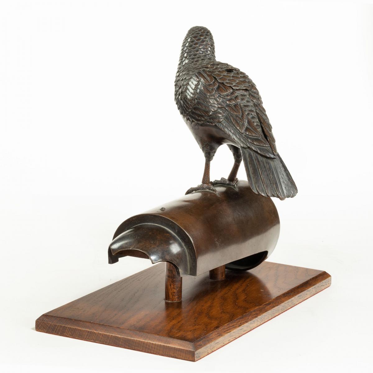 Meiji period bronze koro in the form of a dove on a roof tile