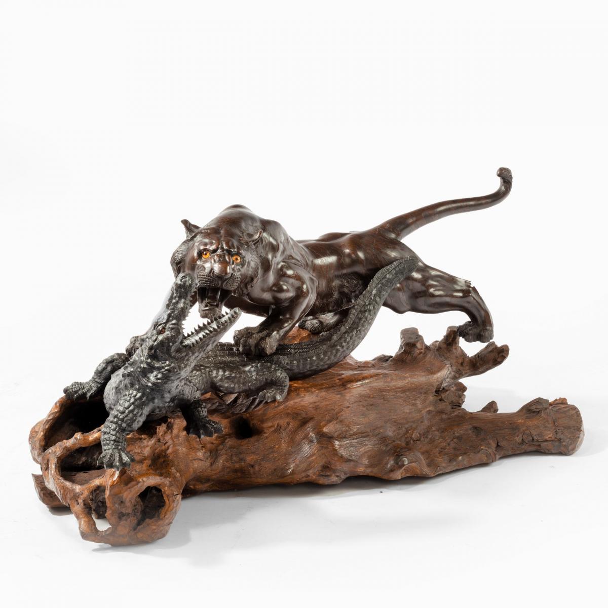 Meiji period bronze of a tiger and an alligator by Genryusai Seiya