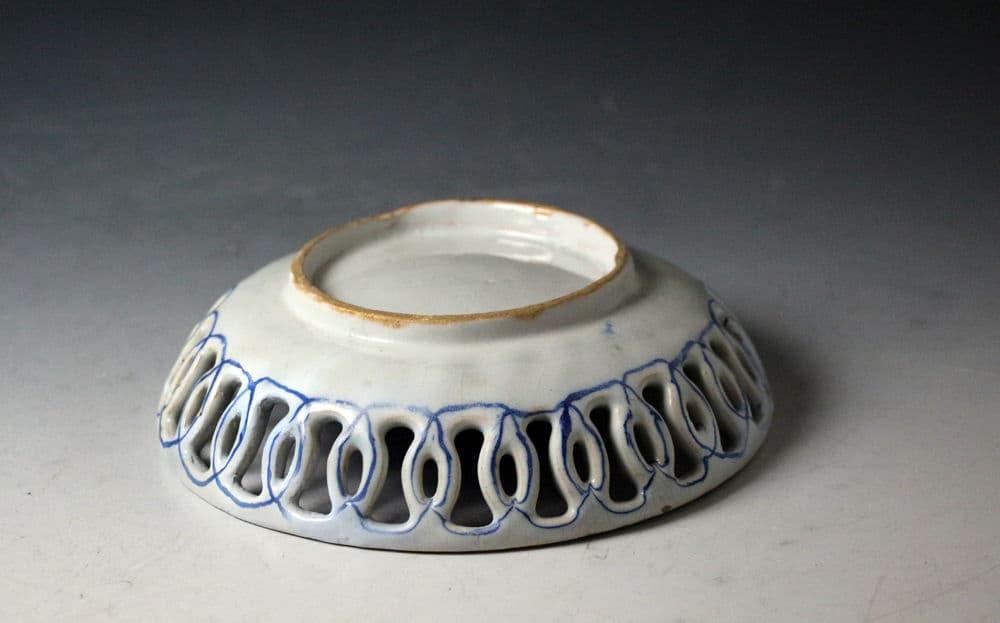 Delftware basket with pierced sides probably London England 18th century