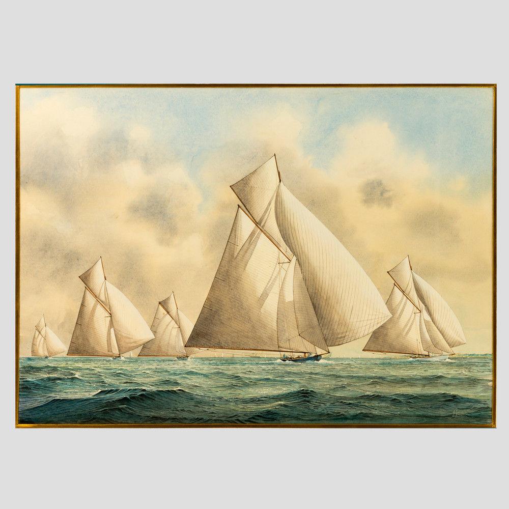Framed watercolour of 15 metre class yachts