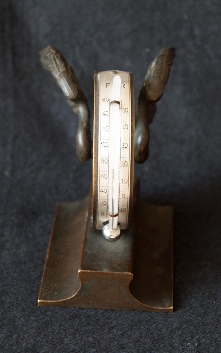 Rare bronze winged wheel table thermometer