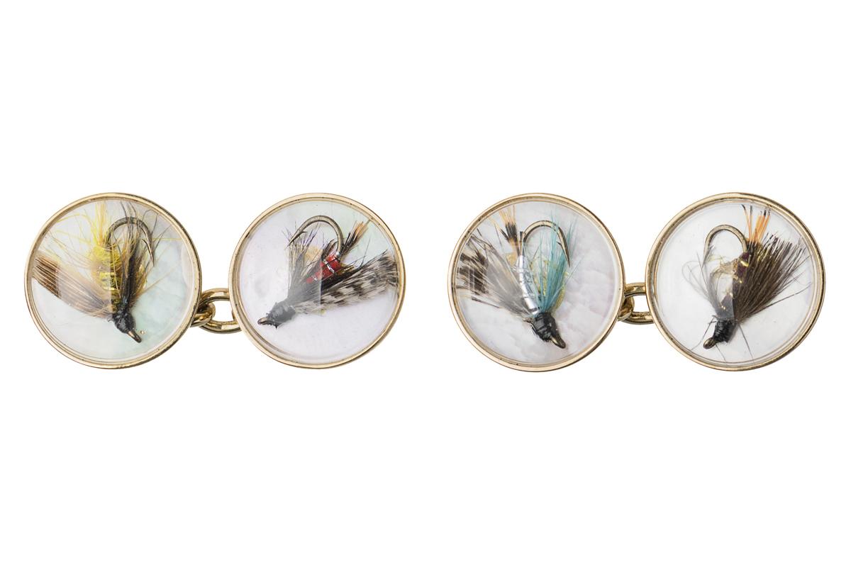 Vintage Crystal Cufflinks of Trout Flies on Mother of Pearl and Gold, English made 1997.