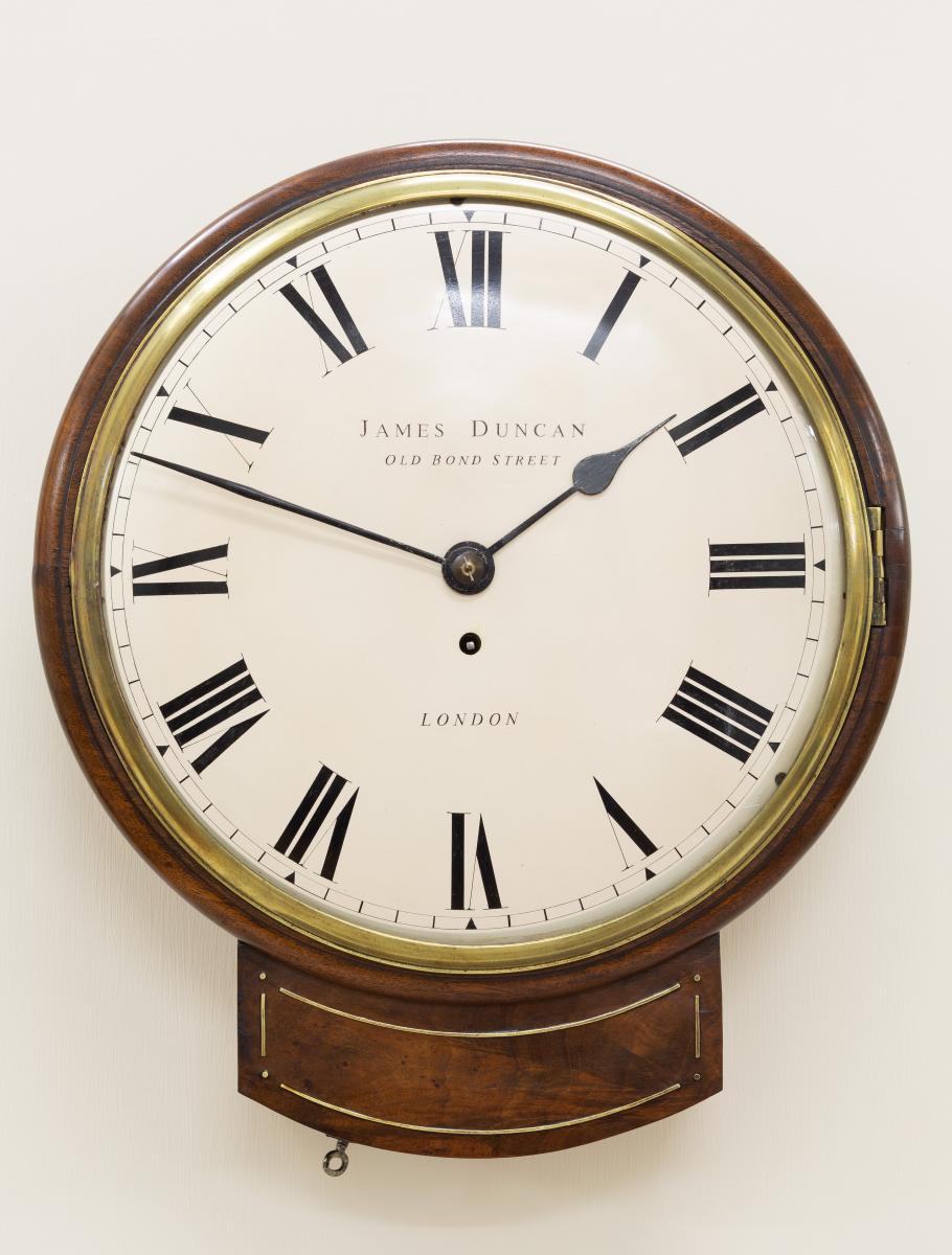 Regency English Fusee Drop Dial Mahogany Wall Clock by James Duncan, London