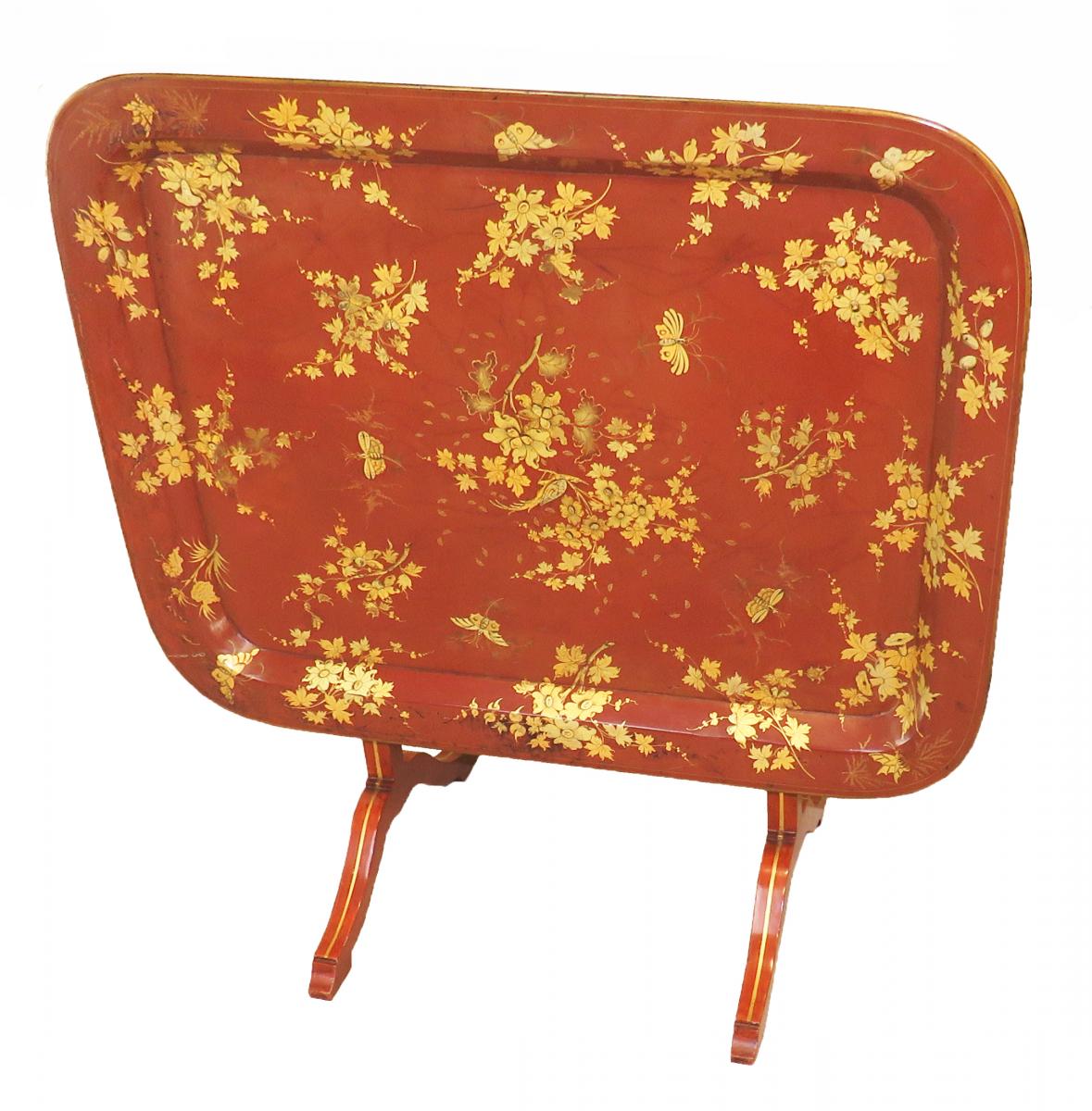 Mid 19th Century Red English Papier Mache Tray Table On Stand 