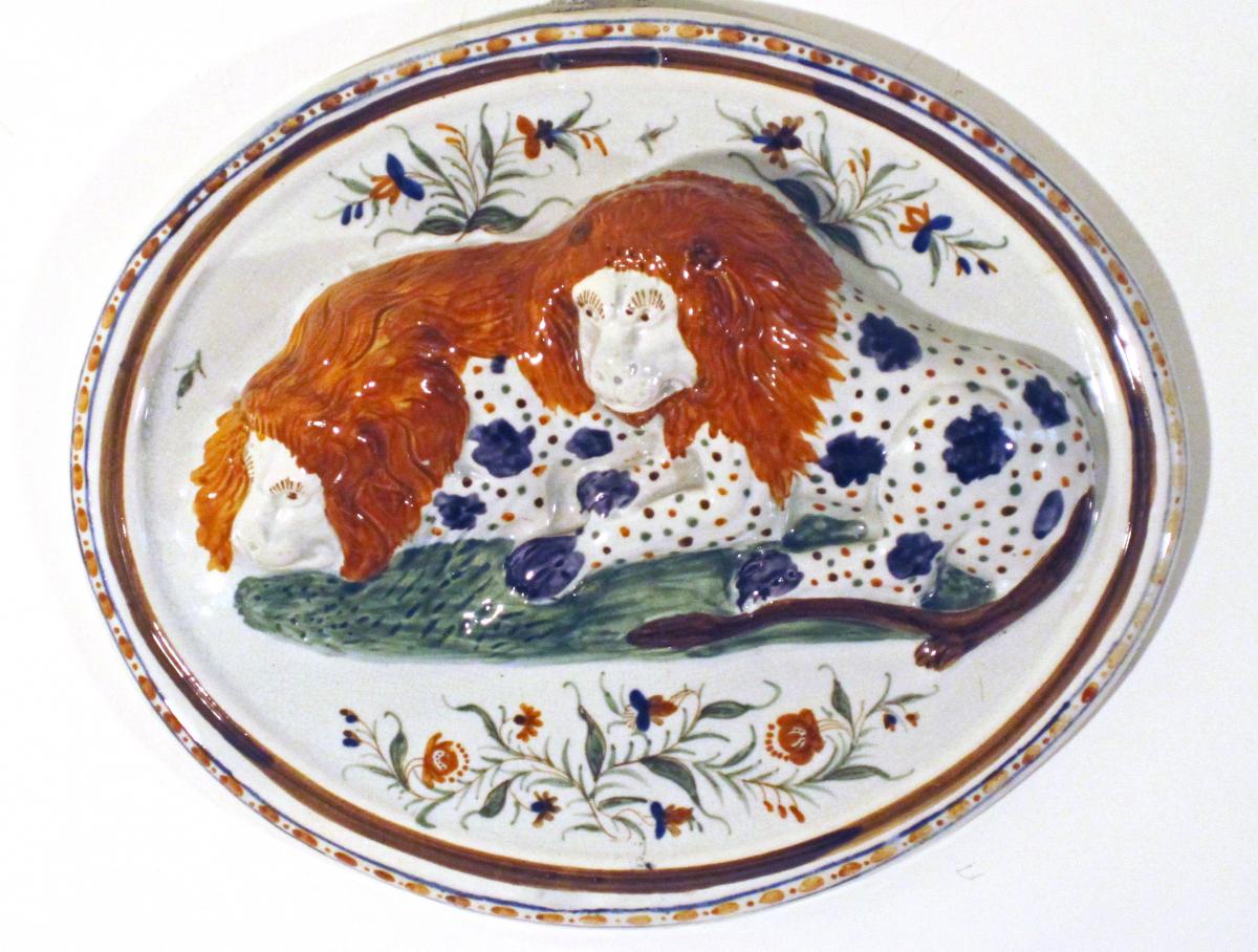 Antique English Pearlware Pottery Relief-moulded Prattware Plaque of Lions