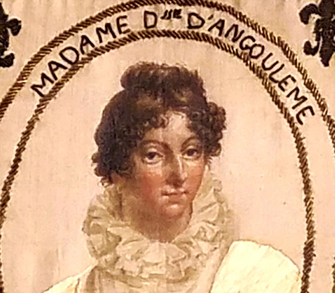 French Royal Painted Silk Textile Portrait, Marie Thérèse of France, Eldest daughter of Louis XVI and Marie Antoinette. Titled Madame Duc. Angoulême