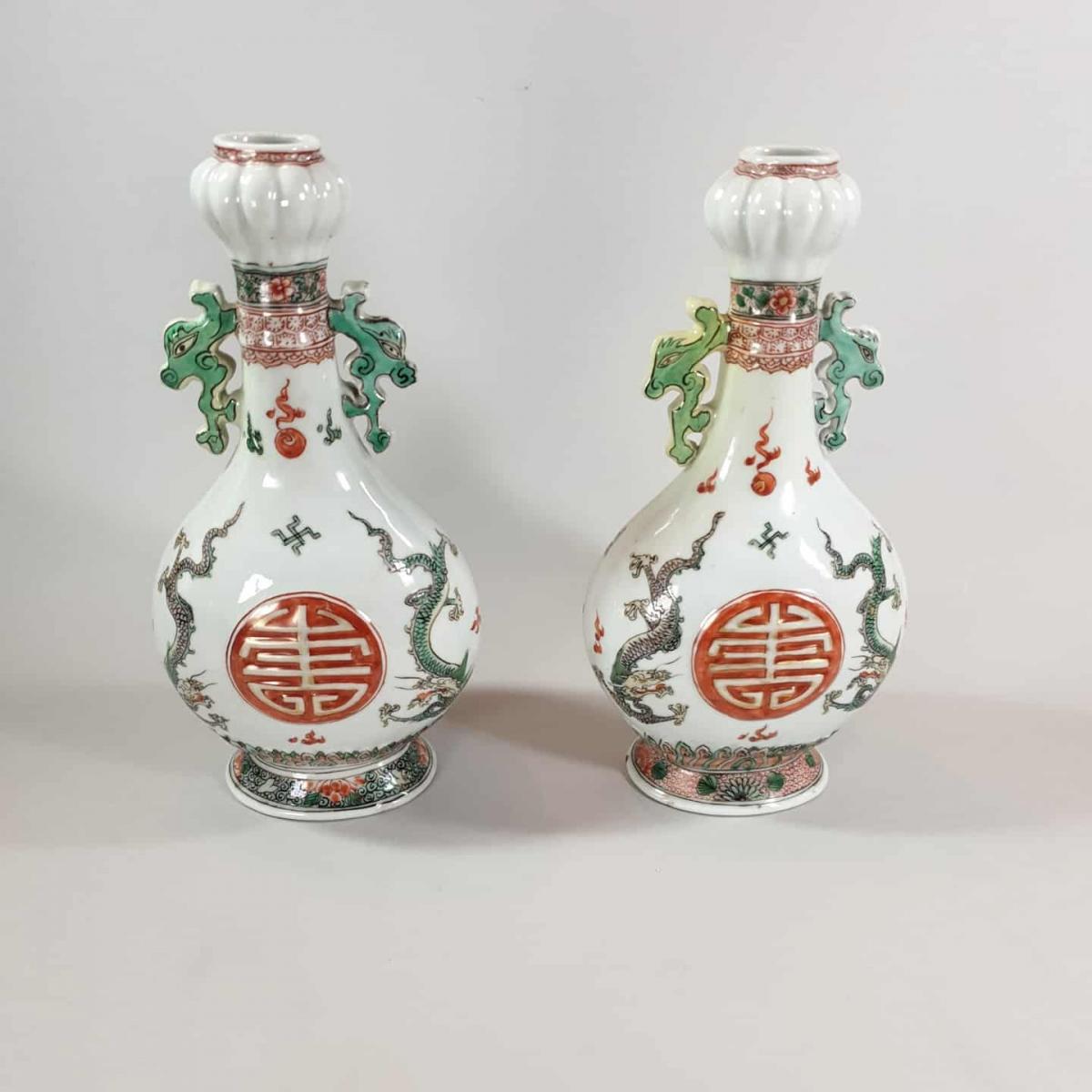 Pair of fine and extremely rare Chinese famille verte vases, Kangxi(1662-1722)