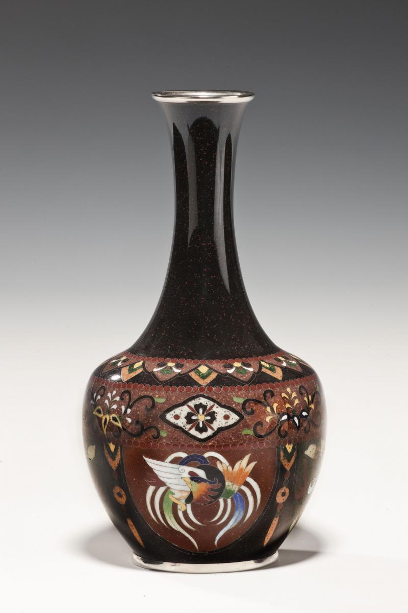 A black Japanese cloisonne vase