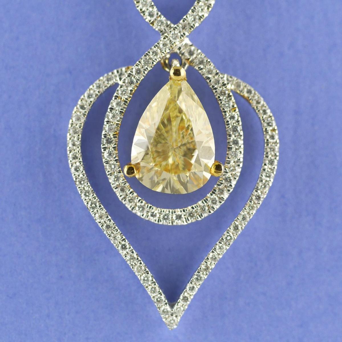 Certified 2.03 Carat Pear Shape Fancy Yellow Diamond Pendant, circa 1970