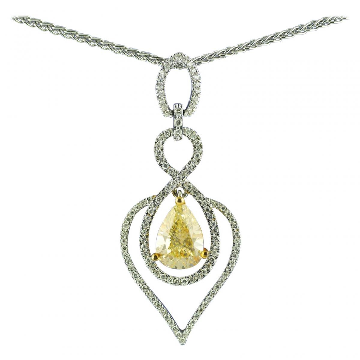 Certified 2.03 Carat Pear Shape Fancy Yellow Diamond Pendant, circa 1970