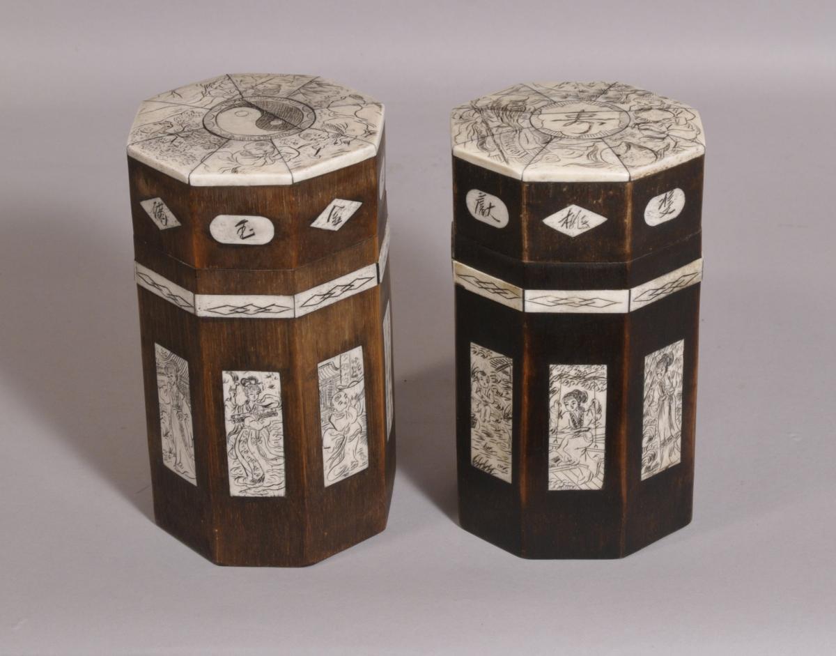 S/3754 Antique Early 20th Century Pair of Japanese Octagonal Bamboo Tea Caddies