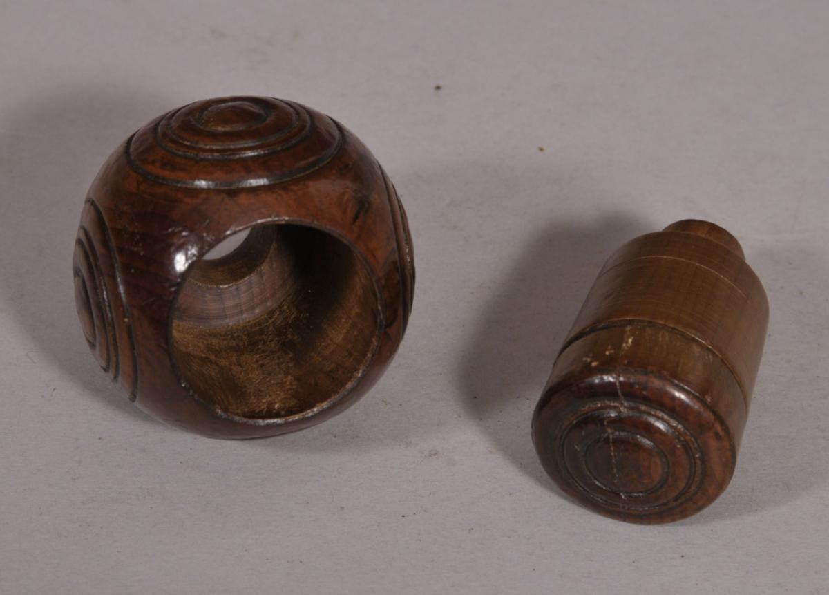 S/3982 Antique Treen 19th Century Yew Wood Puzzle Ball