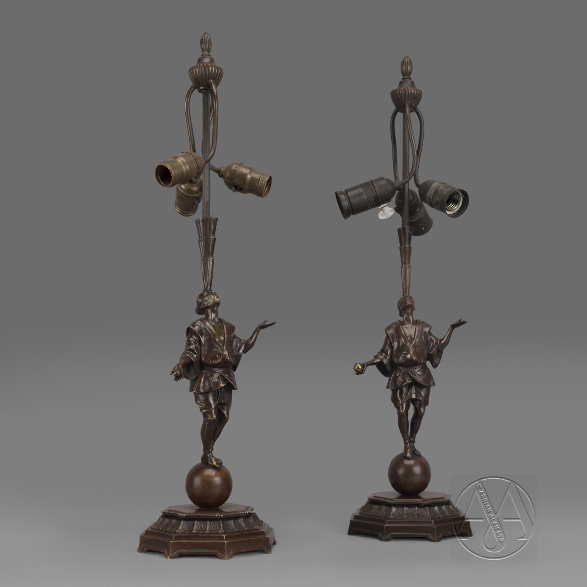An Unusual Pair of Art Deco Patinated Bronze  ‘Juggler’ Figural Table Lamps By Roland Paris