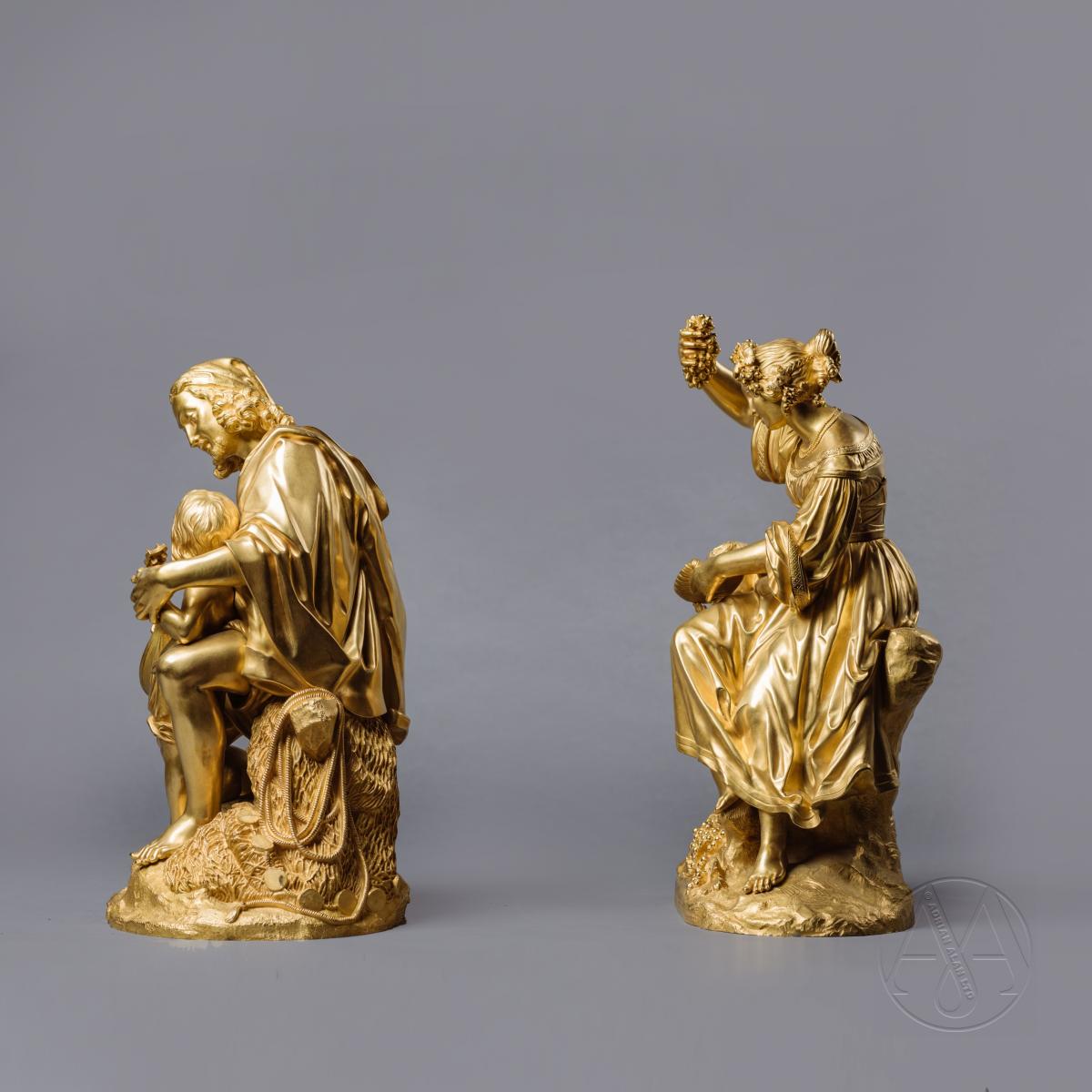 An Exceptional Pair of Restoration Period Gilt-Bronze Allegorical Groups Depicting Music and Wine